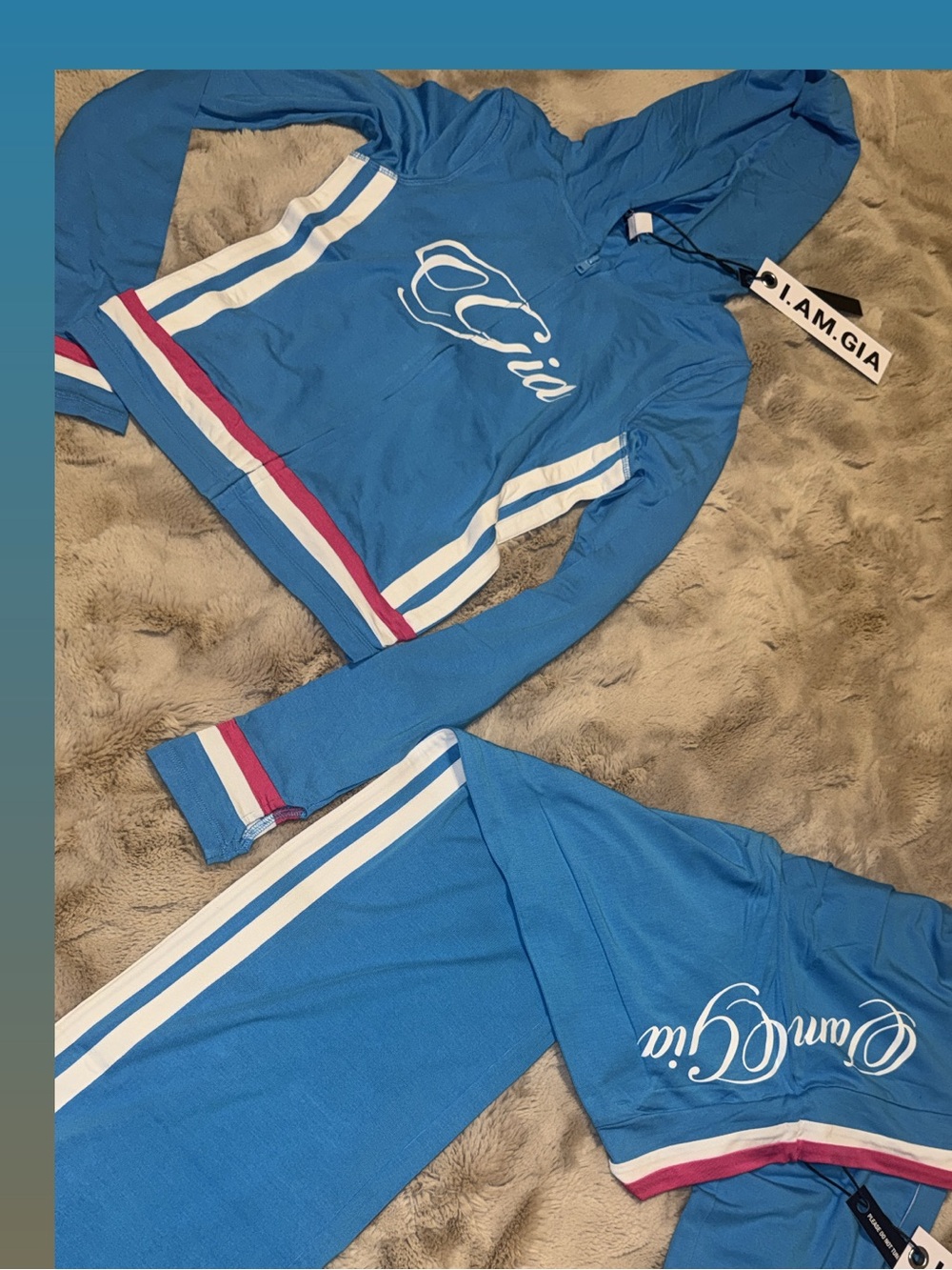 I.AM.GIA Blue Two-Piece Hoodie and Leggings Set with White and Pink Stripes
